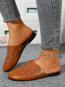 Vintage Rivet Backless Mules Women Shoes, Flat Slip-On Punk Style Comfortable Versatile Outdoor Slippers - Brown - View 4