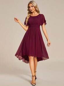 Vestido de dama de honor de gasa con pliegues y mangas con volantes, vestido de noche elegante para invitados de boda en primavera - Burdeos - Ver 7