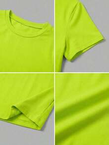 Camiseta de mujer de manga corta, cuello redondo, ajuste ceñido, estilo casual para primavera y verano, camiseta de mujer, top básico de mujer, top corto, top para exteriores en color blanco - verde fluorescente - Ver 9