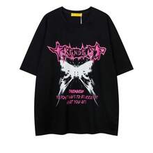 Thick Cotton Short-Sleeved T-Shirt With Letter And Butterfly Print, American Retro Hip-Hop Style, For Men And Women Couples. - Black - View 2