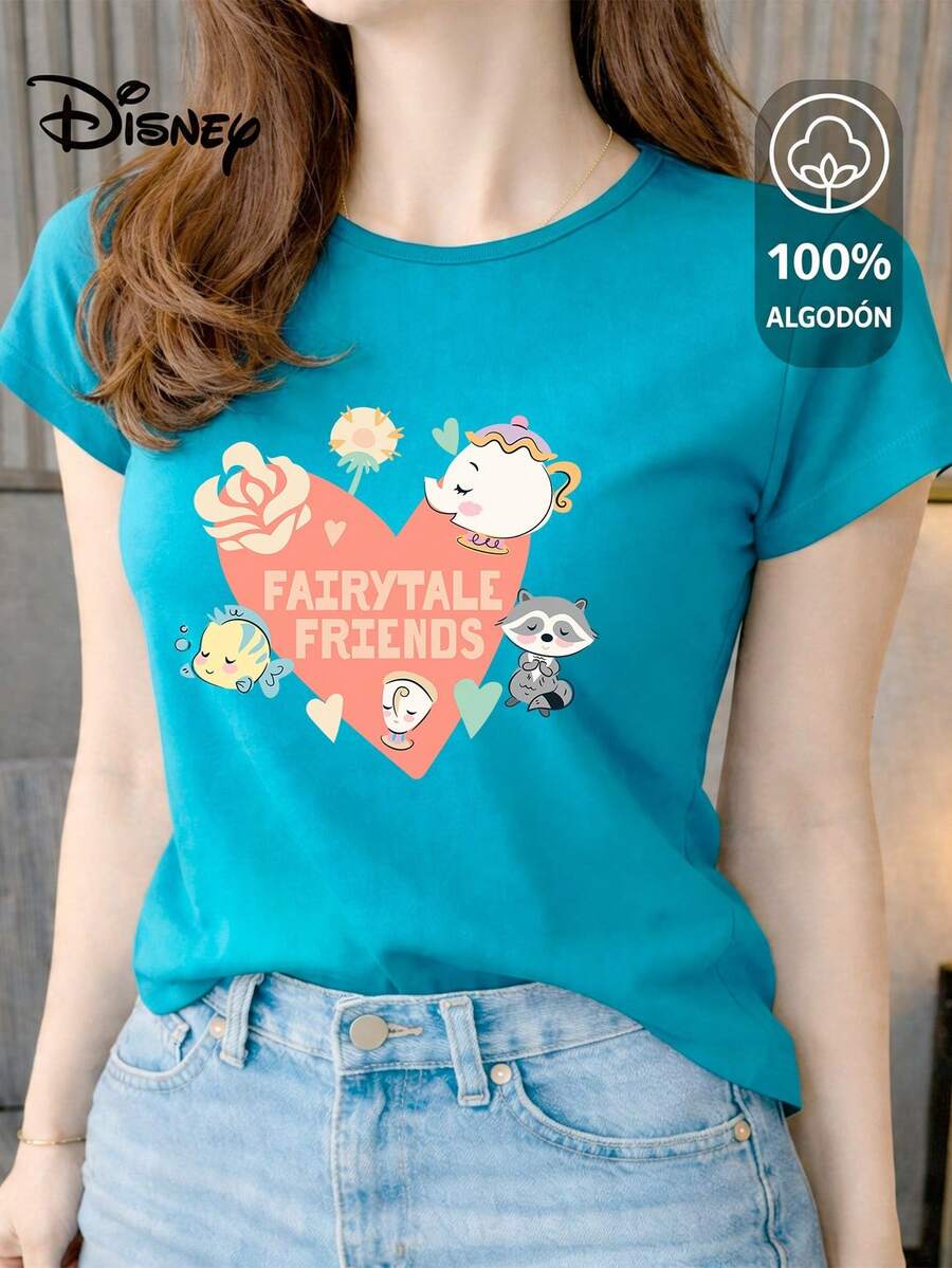 Women's T-Shirt Made Of 100% High-Quality Cotton, This T-Shirt Guarantees Exceptional Softness To The Touch, Round Neck With "Disney Fairytale Friends" Print And Short Sleeves - 綠松石 - 查看 1