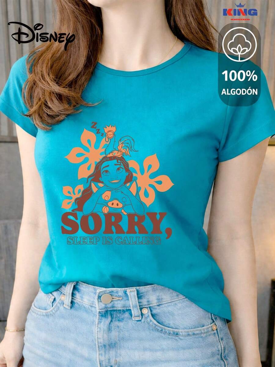 This High-Quality 100% Cotton T-Shirt Guarantees Exceptional Softness To The Touch, A Round Neck With A "Disney Moana Sleep Is Calling" Print, And Short Sleeves. - 綠松石 - 查看 1