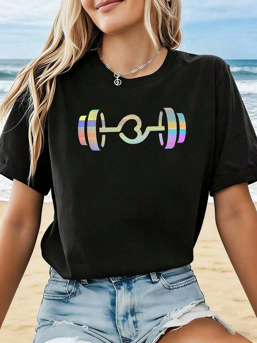 Women's T-Shirt, Modern And Energetic Style, Dumbbell And Heart Print, Black Short Sleeve Crew Neck T-Shirt, Gift For Birthday, Easter, Mother's Day, Casual Black Short Sleeve Crew Neck T-Shirt For Women - 黑色 - 查看 1