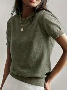 Camiseta de punto de manga corta de unicolor y peso ligero para mujer, top de verano minimalista en rojo - Verde Oliva - Ver 7