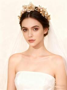 1Pc Handmade Luxury Golden Bridal Floral Headband - Pearl & Mesh Flower Hair Wreath For Wedding, Nature Photoshoot & Special Occasions - Gold - View 2