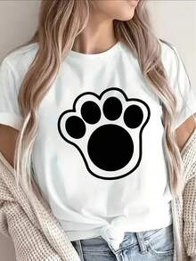 This Lightweight And Durable Short-Sleeved T-Shirt With A Paw Print Design Is Perfect For Lounging At Home, Going To The Park, Or A Casual Coffee Date. It's An Ideal Choice For Pet Lovers Who Value Everyday Comfort. It Can Also Be Worn As An Elegant Party Outfit, A Stylish T-Shirt For Women, A Blouse Suitable For Curvy Women, A Prom Skirt, Or Casual Wear. It Features Adorable Animal Prints And Fun Letter Prints. - 白色 - 查看 7