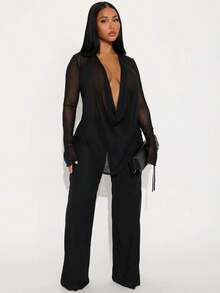 Women's Fashion Casual Two-Piece Set, Suits, Deep V Mesh Top & Wide Leg Pants,  Long Sleeve Tie Design, Perfect For Daily Wear ZWSE - màu nâu - Xem 4