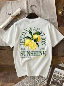 Playeras de mujer algodón color white, blusa manga corta con diseño de limones y vacaciones, tops relajados estilo tropical 2026 para salidas y reuniones - Blanco - Ver 3