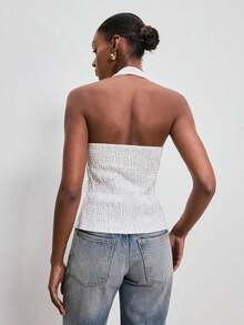 Elegant Solid-Color Sleeveless Blouse With Halter Neck And Fitted Ruching For Women - 黑色 - 查看 3