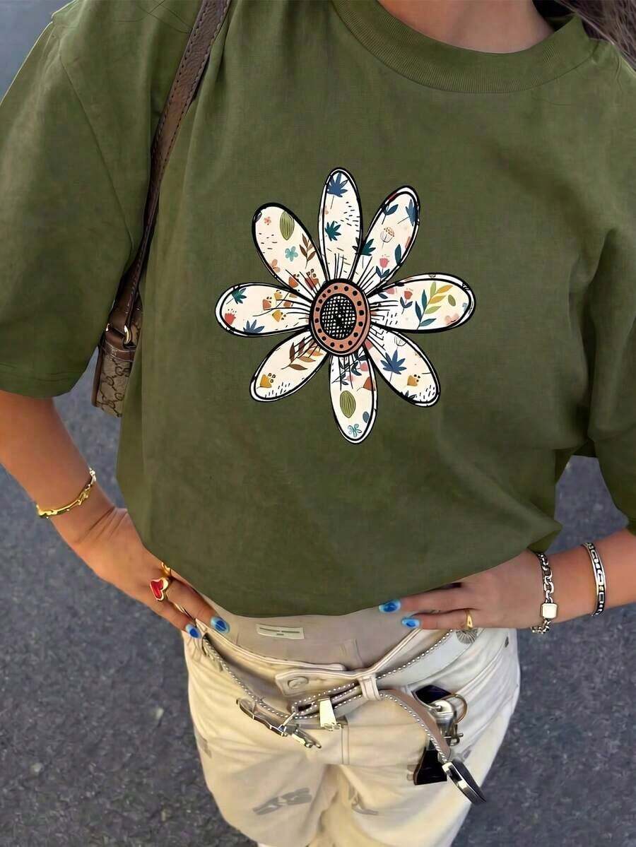 Camiseta de mujer estampada de manga corta para verano, tela de poliéster, estilo multifuncional, corte regular, peso 180 gramos, 1 unidad. - Verde militar - Ver 1