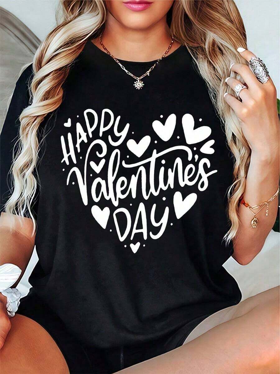 Women's Elegant 'Happy Valentine's Day' Heart Design T-Shirt, Casual Round Neck, Short Sleeve, Stretch Polyester Blend, Machine Washable, White With Heart Design, Perfect Gift For All Seasons - 黑色 - 查看 1