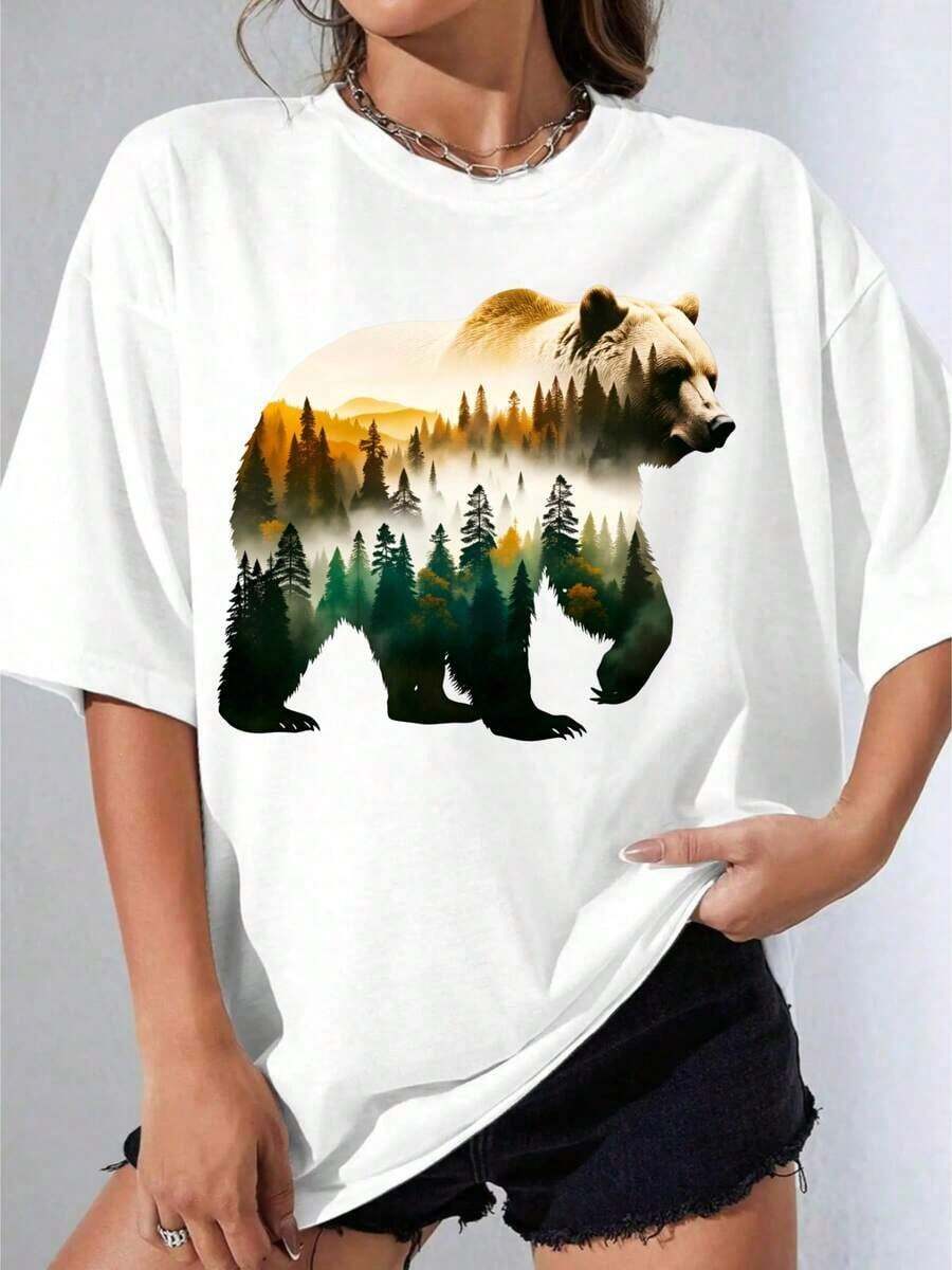 GiftGirl's Unisex Plus Size White T-Shirt With White Bear And Forest Landscape Print, For Casual Outdoor Wear, Outdoor Parties, Casual Printed T-Shirt, Soft - 白色 - 查看 1