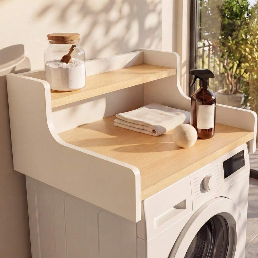 OMCHOM Washer Dryer Countertop Organizer With 2-Tier Shelf, Wood Laundry Room Storage Topper With Edge Guard Rails, Smooth Surface Laundry Space Organizer, Fits Most Standard Washers & Dryers, Laundry Essentials Holder For Bathroom, Mudroom - White + Natural Wood Color - View 1
