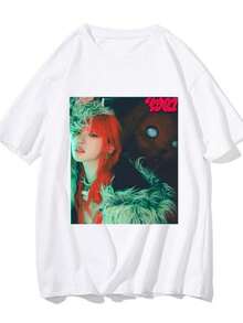 Women's Blouses Summer New Yuqi Album YUQ1 Graphic Printing T-Shirt Popular Korean Style Cotton Men Tee-Shirt Loose Round Neck Women Top Tshirt - 白色 - 查看 1
