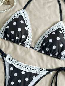 2 Stücke Polka Dot Lässig Süß Elegant Sexy Boho Rüschen/Rüschentrimm Bikini Bademode, geeignet für Strand, Abenddate, Urlaub, Geburtstagsfest, Sport & Fitness, Frühling/Sommer - Schwarz und Weiss - Übersicht 3