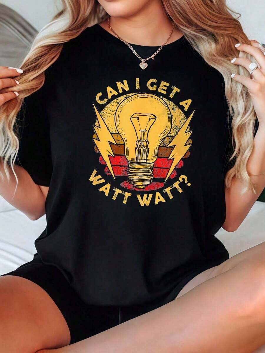 Camiseta de Mujer Casual con Cuello Redondo, Opciones en Blanco y Negro, Estampado Gráfico de Bombilla "Can I Get A Watt Watt", Camiseta Divertida para Uso Diario, Camisetas de Verano, Camisetas Gráficas, Conjuntos de Verano, Camisetas Cortas para Mujer, Camisetas Vintage de Algodón, Ropa Linda para Mujer, Playera Holgada para Mujer - Negro - Ver 1