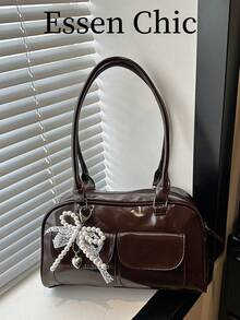 1pc Coffee Brown Bow Decor Multi-Pocket Solid Color PU Leather Women Shoulder Bag, Summer New Arrival - Coffee Brown - View 2