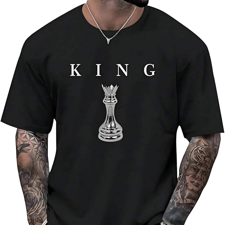 Men's Chess King Printed T-Shirt, Urban Lettering, Streetwear Style, Black - 黑色 - 查看 1
