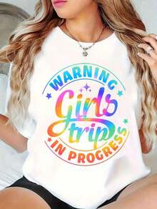 Women's Oversized Crew Neck Graphic Tees, 100% Cotton T-Shirt, Casual 'Warning Girls Trip In Progress' Print Tees, Loose Fit Short Sleeve Tops For Spring, Fashionable Summer Basic Tees, Gift Clothing For Women, Women's T-Shirts - 白色 - 查看 1