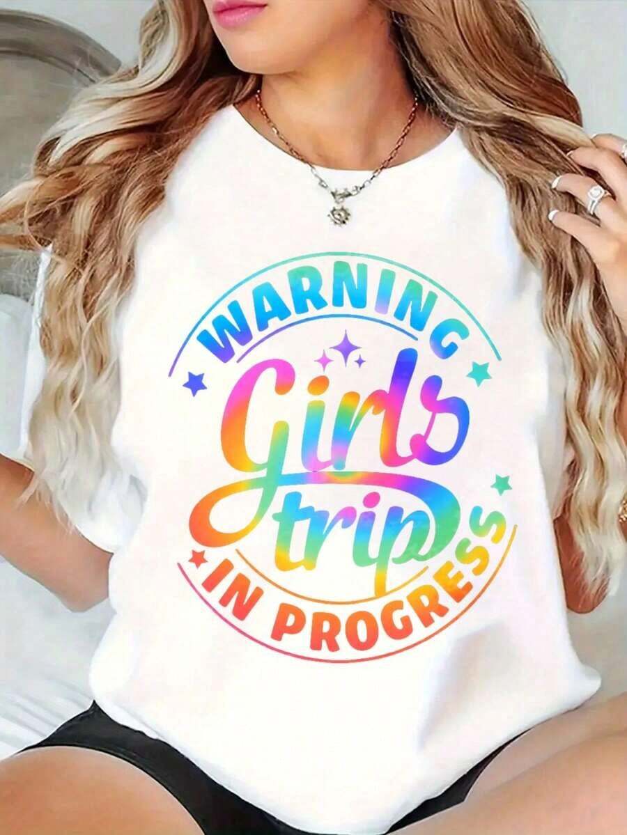 Women's Oversized Crew Neck Graphic Tees, 100% Cotton T-Shirt, Casual 'Warning Girls Trip In Progress' Print Tees, Loose Fit Short Sleeve Tops For Spring, Fashionable Summer Basic Tees, Gift Clothing For Women, Women's T-Shirts - 白色 - 查看 1