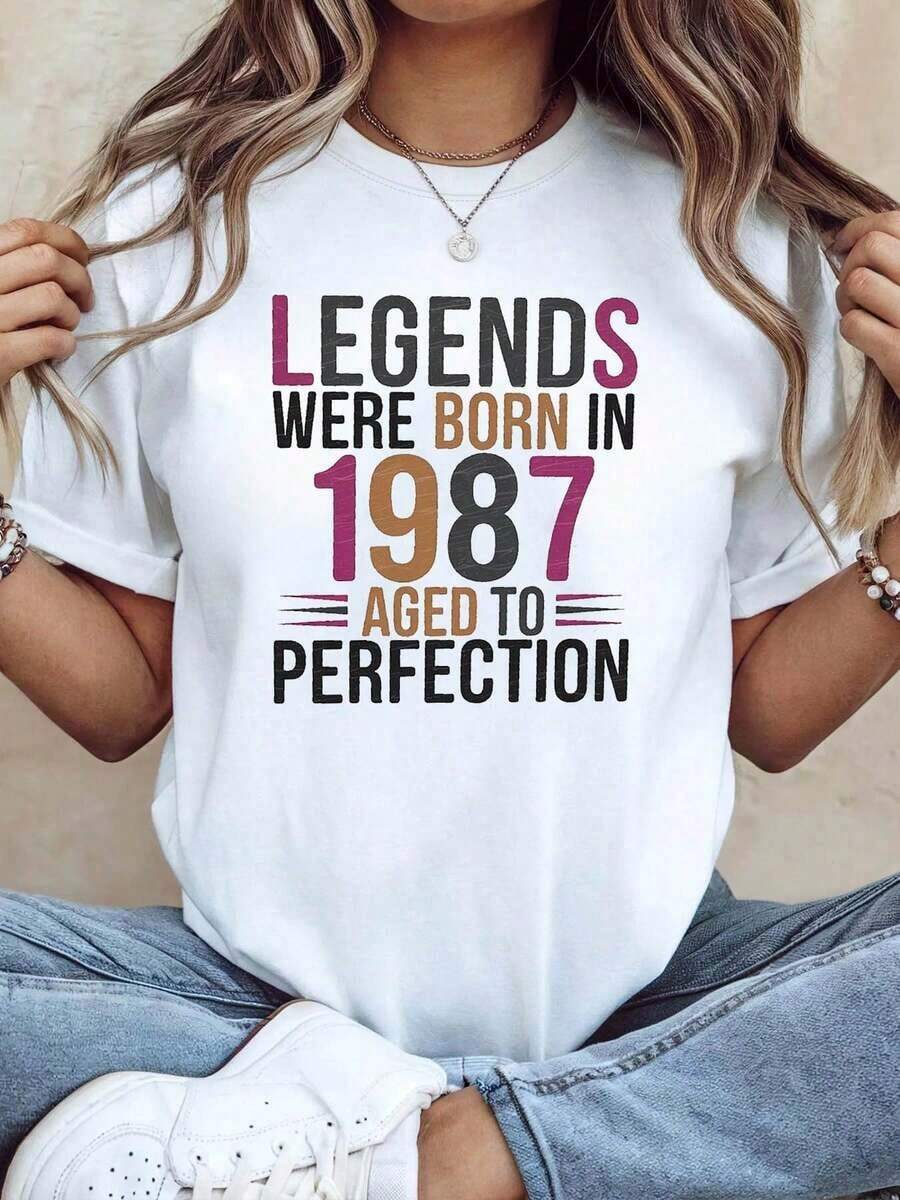 Camiseta Retro para Mujer 1987 - Estilo Vintage con Lema "Leyendas Nacidas en 1987", Camiseta Casual de Manga Corta para Cumpleaños, No Adecuada como Regalo para Celebraciones del Año de Nacimiento 1987, Ropa de Primavera Verano - Blanco - Ver 1