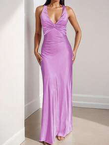 Vestido largo plisado con cuello V ajustado elegante y sexy moda primavera 2026 estilo europeo para mujer moderna - Morado - Ver 3