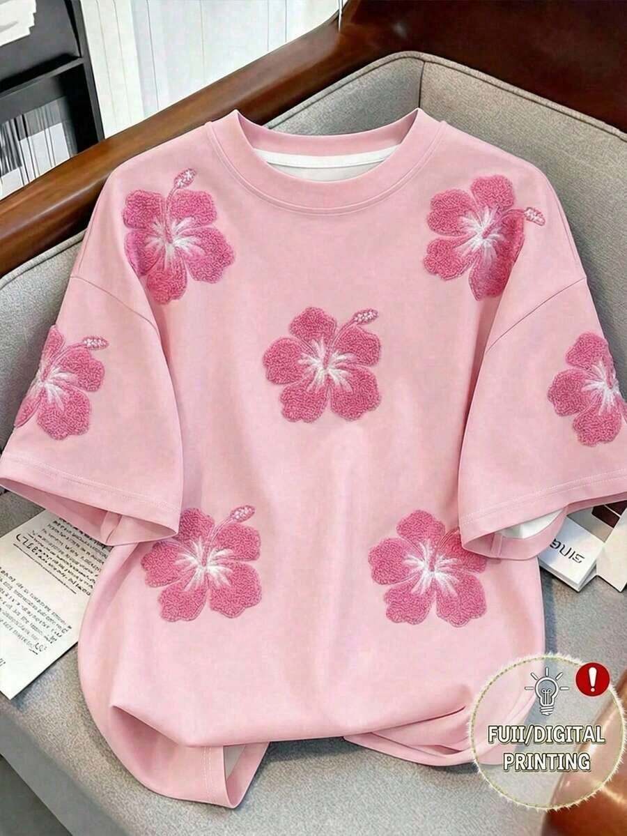 Camiseta de corte holgado con cuello redondo y manga corta, con estampado de patrón Milano, estilo casual para mujer, para el verano. - Multicolor 2 - Ver 1