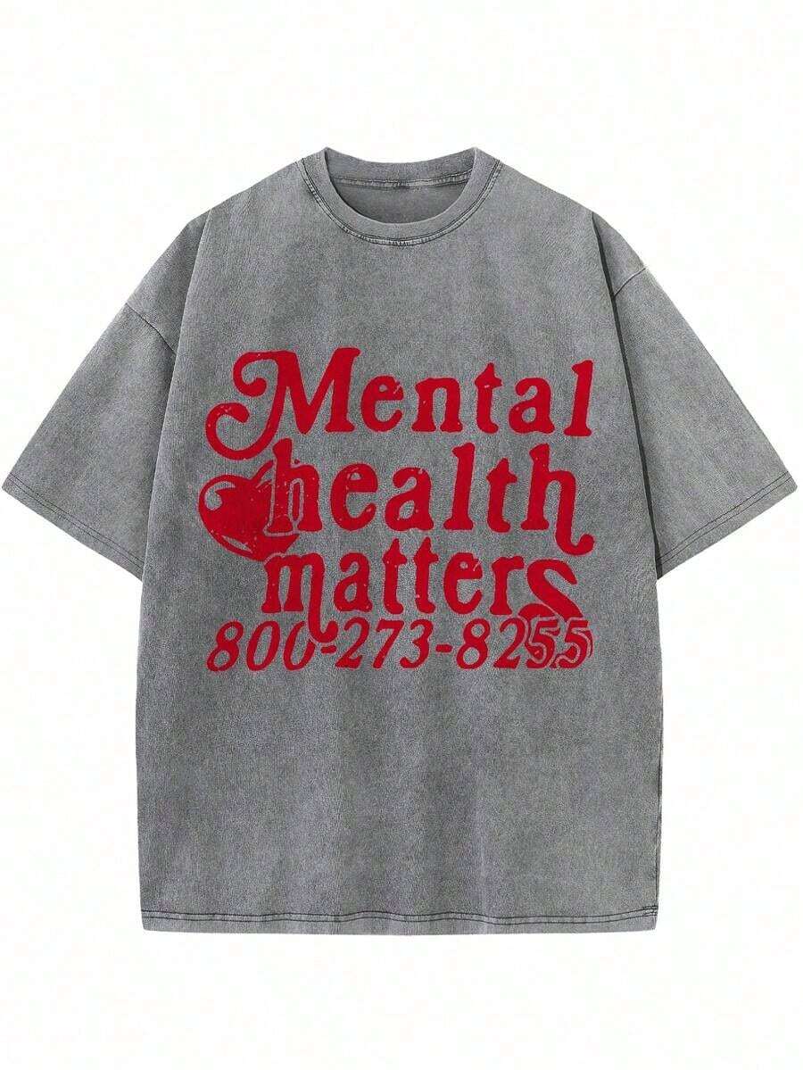 Awareness Design On The Importance Of Mental Health For Men And Women. Men's Short-Sleeved T-Shirts, Washed And Worn, 230g 100% Pure Cotton, Men's Summer Clothing. - 灰色 - 查看 1