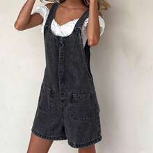 Denim Overalls Mini Dress For Women High Stretchy Adjustable Strap Jean Short Dress With Pockets, Solid Color/Camouflage/4th Of July USA Flag Print Sleeveless Suspender Dress - FZ13-Black - 查看 4