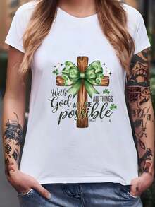 Women's St. Patrick's Day Sweatshirt "With God All Things Are Possible", St. Patrick's Day Gift For Women, Christian Cross Sweatshirt For St. Patrick's Day, 100% Pure Cotton St. Patrick's Day T-Shirt, Women's T-Shirt - 白色 - 查看 3