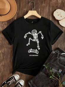 Women's T-Shirts 2026, Skeleton Skateboarding Design, Life Is Movement%, Breathable Casual Blouses For Women - 黑色 - 查看 3