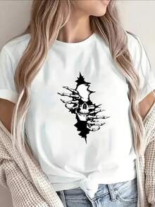 Camiseta Deportiva Casual para Mujer con Diseño de Calavera Abstracta en Negro - Camiseta Blanca Elástica de Cuello Redondo, Lavable aáquina, Ajuste Cómodo y Apta para Todas las Estaciones, para Atuendos Informales. - Blanco - Ver 1