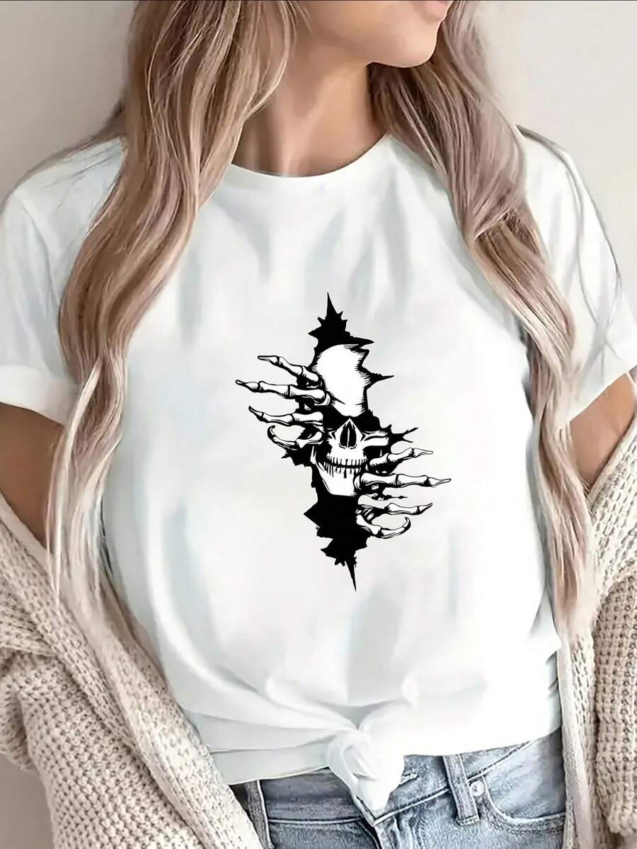 Camiseta Deportiva Casual para Mujer con Diseño de Calavera Abstracta en Negro - Camiseta Blanca Elástica de Cuello Redondo, Lavable aáquina, Ajuste Cómodo y Apta para Todas las Estaciones, para Atuendos Informales. - Blanco - Ver 1