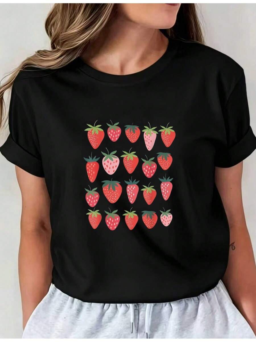 Women's Casual Sports T-Shirt With Colorful Strawberry Check Design - Black Elastic Crew Neck T-Shirt, Machine Washable, Comfortable Fit And Perfect For All Seasons. - 黑色 - 查看 1