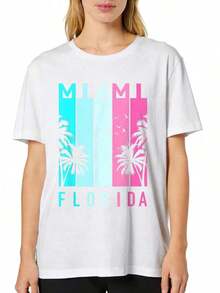 1 Piece Of Women's Casual T-Shirt With Miami, Florida Print, Beach Souvenir, Short Sleeve, Comfortable For Casual And Elegant Outfits, Lightweight And Breathable, Machine Washable, Regular Fit, Round Neck, 180g, 100% Cotton. - 白色 - 查看 2