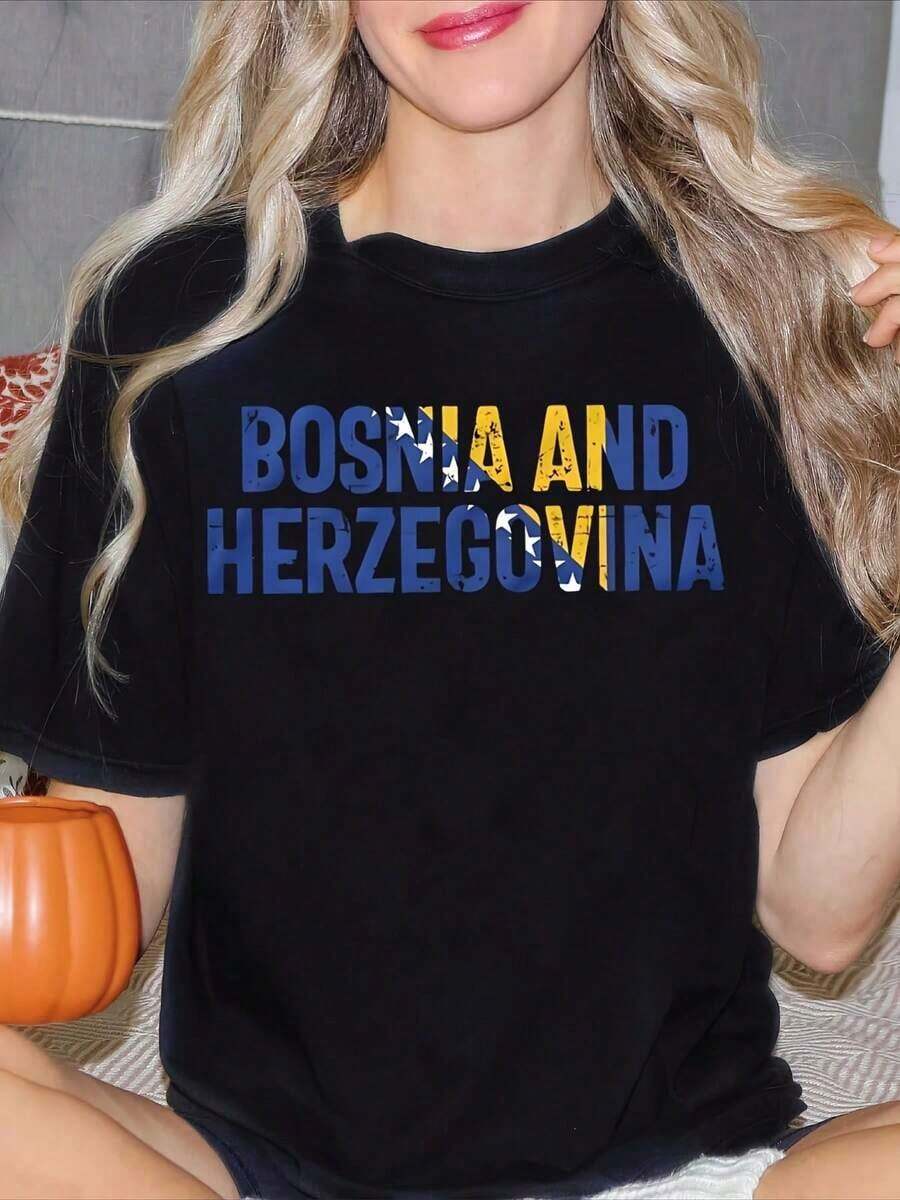 Camiseta estampada para mujer con la imagen de Bosnia y Herzegovina, manga corta, cuello redondo, top casual para uso diario, regalo de verano para amigos y familiares. Ropa de talla grande para mujer, blusas estampadas para mujer. - Negro - Ver 1