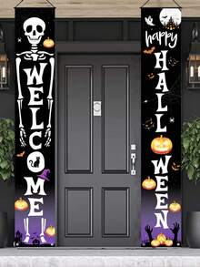 2 piezas Colgante de esqueleto de Halloween feliz, Bandera de bienvenida de Halloween, Decoración colgante de puerta, Decoración de Halloween, Suministros para fiestas de Halloween, Decoración de Halloween feliz, Decoración de dulces o truco o de Halloween, Decoración del hogar, Crear una atmósfera espeluznante, Suministros para casas embrujadas, Adecuado para porche, Día de los Muertos, Halloween, Navidad, Decoración de Año Nuevo 2027 - Calavera de Halloween - Ver 6