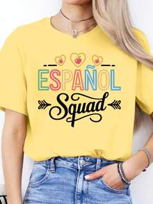 1 Women's T-Shirt With Spanish Team Print - Bright Purple With Spanish Text And Heart Elements - Casual Short Sleeve Crew Neck Top For Spring/Summer - Clothing For Spanish Students - Comfortable Casual Wear Suitable For Spanish Classes - Medium Stretch Fabric - Machine Washable - Fun Print With Spanish Phrases - Loose Fit - Ideal Choice For Spanish Enthusiasts - 100% Cotton 180g - 白色 - 查看 8