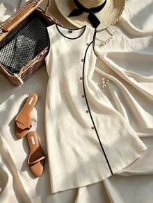 Vestido de mujer con cuello redondo, sin mangas y con ribete de color contrastante, vestido de vacaciones - Albaricoque - Ver 8
