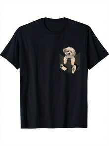Pocket Havanese Dog, T-Shirt With A Design Of A Havanese Puppy Peeking Out. | "Nice-" T-Shirt For Bird Lovers, A Fun Gift For Birdwatchers, For Men And Dads, Suitable For All Seasons, Casual, Solid Color, Comfortable And Breathable. - 黑色 - 查看 1