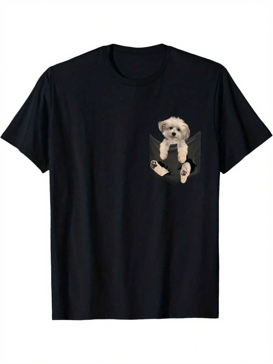 Pocket Havanese Dog, T-Shirt With A Design Of A Havanese Puppy Peeking Out. | "Nice-" T-Shirt For Bird Lovers, A Fun Gift For Birdwatchers, For Men And Dads, Suitable For All Seasons, Casual, Solid Color, Comfortable And Breathable. - 黑色 - 查看 1
