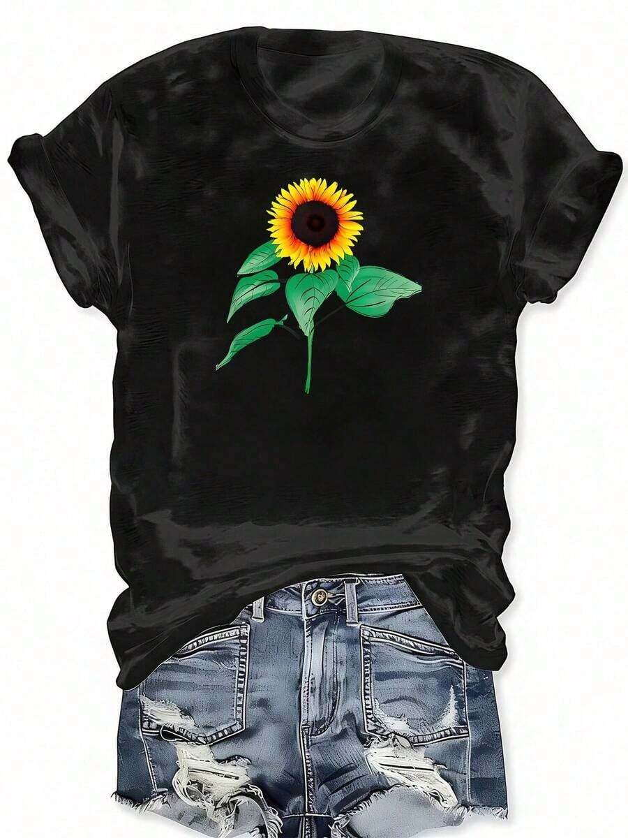 Cotton T-Shirt With Bohemian Floral Print And Sunflowers, Round Neck, Short Sleeve, Casual Style For Spring And Summer, Women's Clothing. - 黑色 - 查看 1