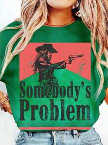 Nueva Camiseta Gráfica Casual Vintage de Verano - Camisetas de Rodeo "Somebody's Problem, Somebody's Goodbye Cowgirl", Ropa Casual Retro 100% Algodón de Manga Corta - Camisetas para Hombre y Mujer - Camiseta Vintage de Estilo Urbano Unisex de Algodón Suelto de Manga Corta con Cuello Redondo - Verde - Ver 6