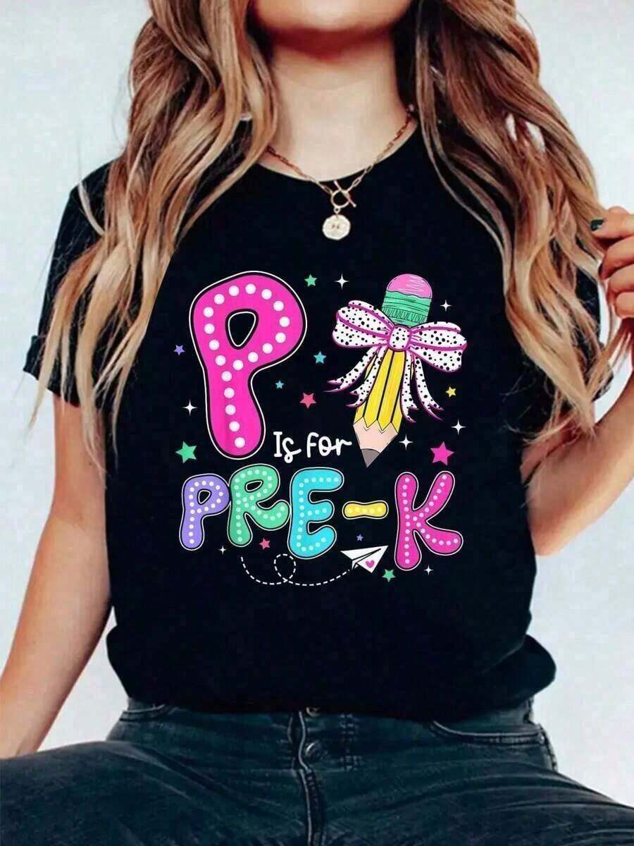 NewSummerCasual 1 Piece P Is For Preschool Teacher, Back To School T-Shirt With Flirty Bow, 180g, 100% Soft Cotton, Casual Blouses For Women - Vintage Street Style Unisex Loose Cotton Short Sleeve Crew Neck T-Shirt - 黑色 - 查看 1