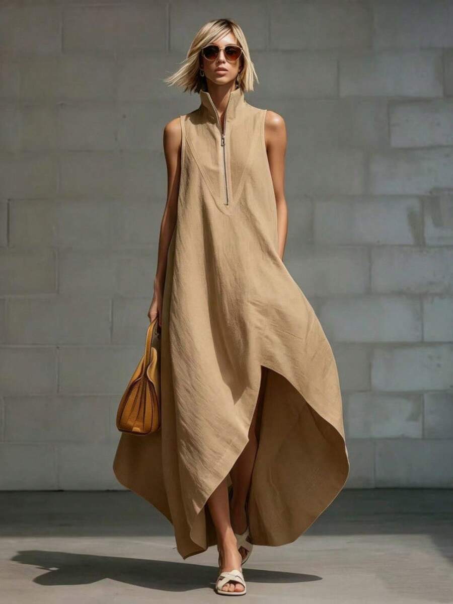 Women's Dress 2026 European American Minimalist Style, Sleeveless With Half Zipper Closure Loose Fit In Cotton Linen Fabric - Khaki - View 1