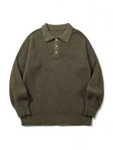Men's Solid Color Loose Comfortable Textured Neutral Style Unisex Slouchy Textured Polo Collar Long Sleeve Sweater Autumn/Winter - Green - View 6