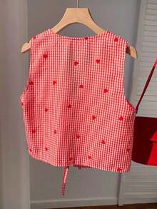2026 Nuevo Verano Elegante, de Vacaciones, Informal, Y2k, Primavera Día de San Valentín Blusa Casual con Estampado de Corazón y Lazo Frontal para Mujer Blusa a Cuadros Rojos, Blusa Roja a Cuadros, Blusa Roja con Estampado de Corazón, Blusa Roj - Multicolor - Ver 2