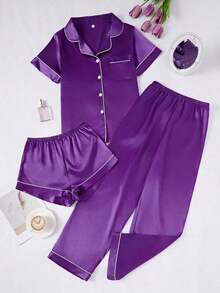 Conjunto de pijama de 3 piezas para mujer con cuello de seda falsa de unicolor y ribete contrastante - Morado - Ver 3