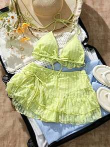 Conjunto de bikini y vestido de playa de tela de encaje color albaricoque dulce para mujer, vacaciones de verano - Verde - Ver 5