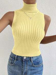 Top de cuello tortuga tejido de canalé - Amarillo claro - Ver 3